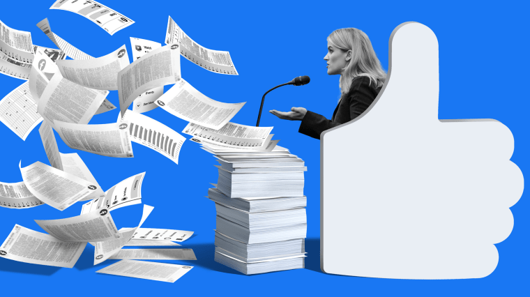 Illustration of Frances Haugen, the Facebook whistleblower, speaking into a microphone as papers with Facebook data fly off a stack.