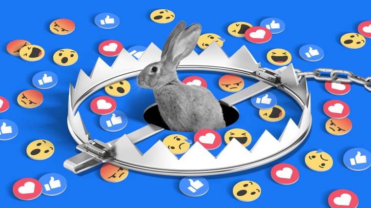 Illustration of a rabbit coming out from a hole in the ground covered by a bear trap with Facebook emojis scattered across the ground.
