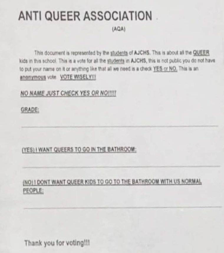 A survey made its way around a southern Illinois high school asking if students want "queers" to be able to use school bathrooms.