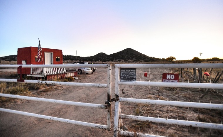 A locked gate at the entrance to the Bonanza Creek Ranch where filming of the movie "Rust" took place, on Oct. 22, 2021 in Santa Fe, N.M.