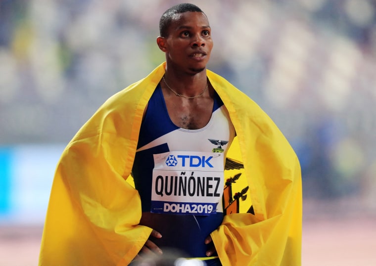 Image: Alex Quinonez celebrates after taking bronze in the Men's 200m final at the 2019 IAAF Athletics World Championships in Doha, Qatar, on Oct. 1, 2019.