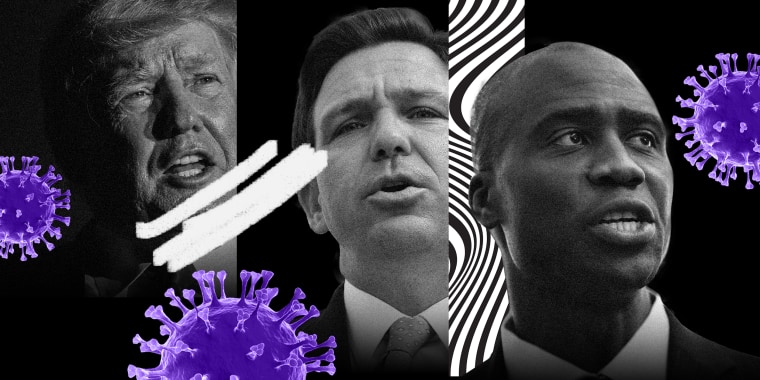 Photo illustration: Donald Trump, Ron DeSantis and Dr. Joseph Ladapo surrounded by Covid-19 spores.