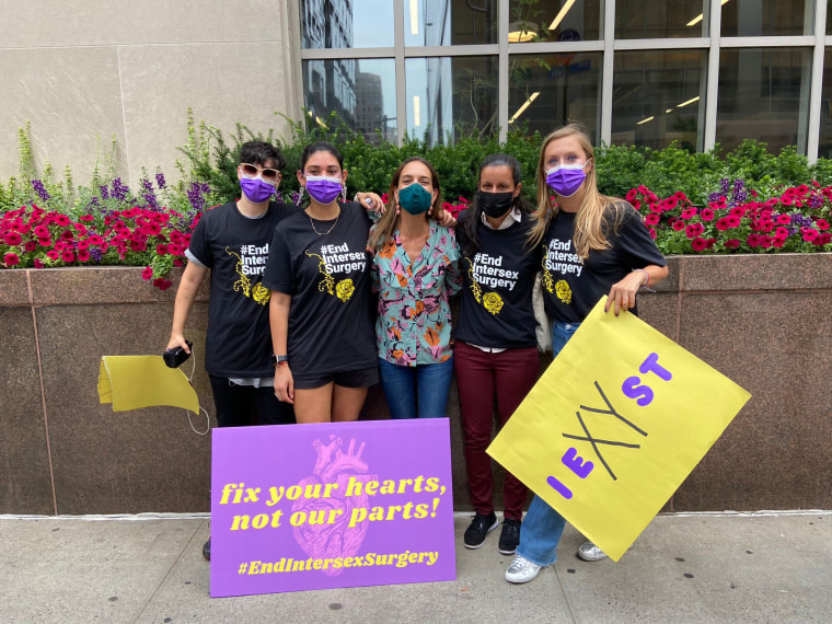 Protesters outside Weill Cornell Medical Center in New York on Aug. 7 demand that the hospital cease medically unnecessary operations on intersex children.