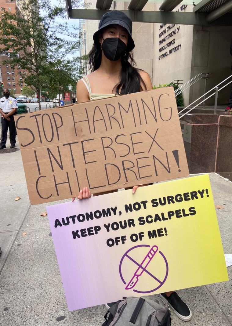 A protester outside Weill Cornell Medical Center in New York on Aug. 7.