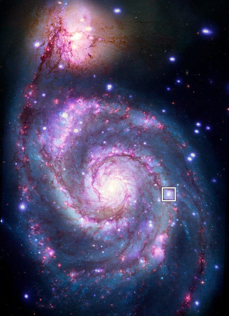 A box indicates the location of a possible exoplanet detected outside the Milky Way in a composite image from the Hubble  Space Telescope and the Chandra X-ray Observatory.