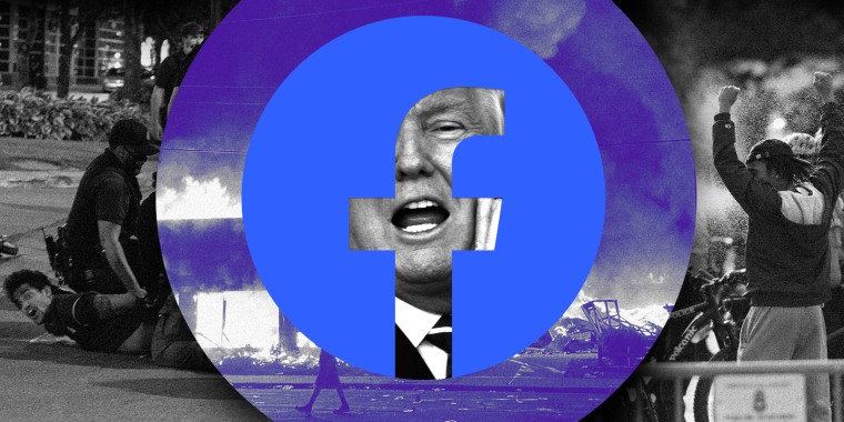 Photo illustration: Image of Donald Trump speaking through the Facebook logo over images of violent protests, a demonstrator being detained by the police and another one being sprayed.