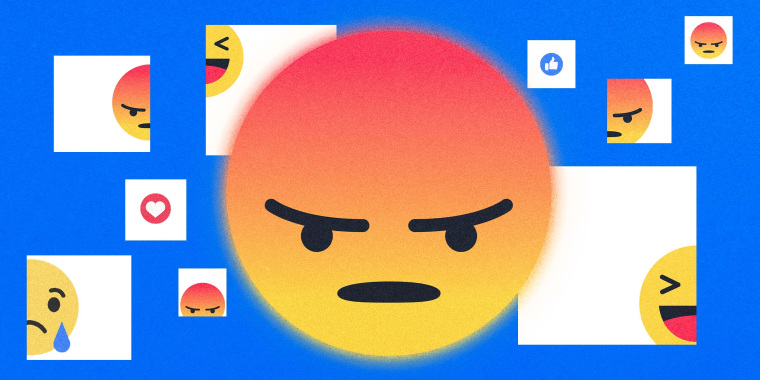 Illustration of a big, "angry" Facebook emoji flanked by other, smaller Facebook emoji reactions.