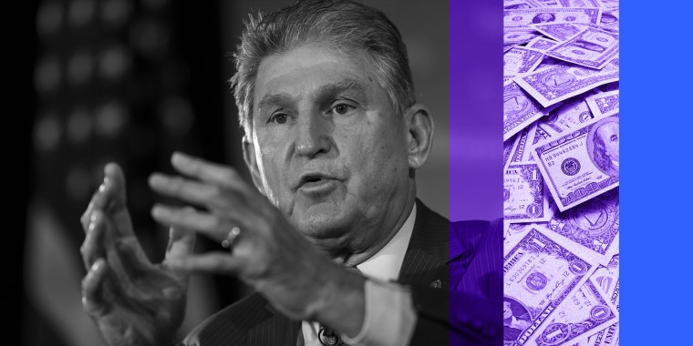 Photo illustration: Image of Joe Manchin speaking and an image of dollar bills.