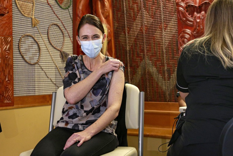 New Zealand Prime Minister Jacinda Ardern receives her first Pfizer Covid vaccine in Auckland, in June 2021. 