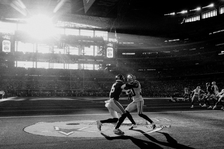 Image: The Dallas Cowboys and New York Giants battle in end zone at the AT&T Stadium in Arlington, Texas, on Oct. 10, 2021.