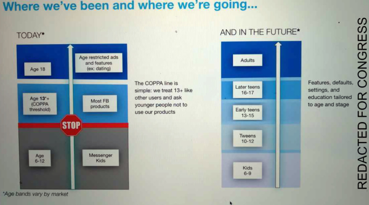 A diagram from an April 9 internal post at Facebook titled “The internet wasn’t built with young people in mind, but we’re about to change that” describes how products are offered to different age groups and a vision for future offerings.