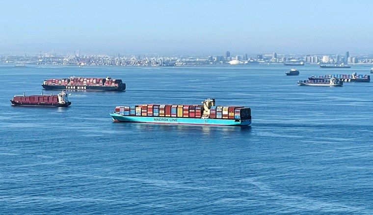 Image: Container ships wait off the coast of the congested Ports of Los Angeles and Long Beach in Long Beach, Calif., on Oct. 1, 2021.