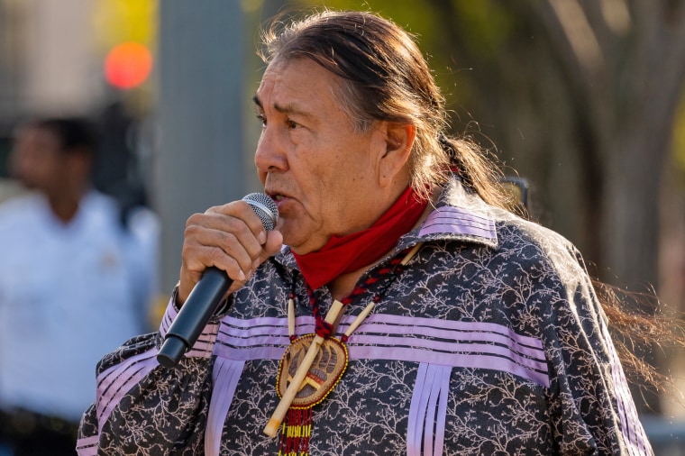 Tom Goldtooth speaks in front of the White House during the "People vs. Fossil Fuels" week of action.