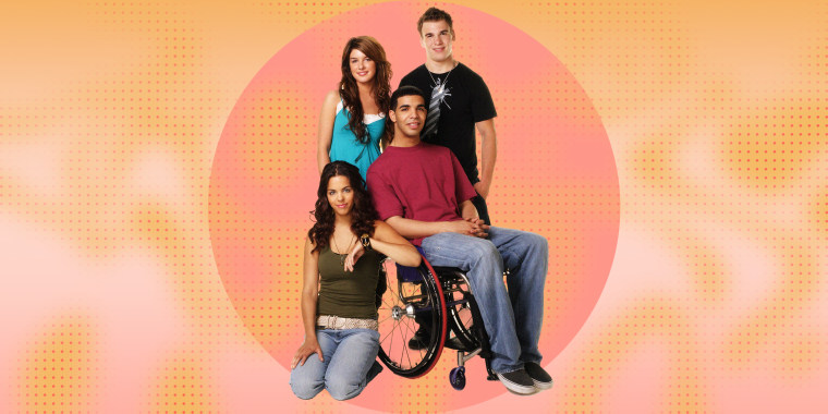 Drake, in the wheelchair, was reportedly not pleased with how his character could no longer walk on "Degrassi: The Next Generation."
