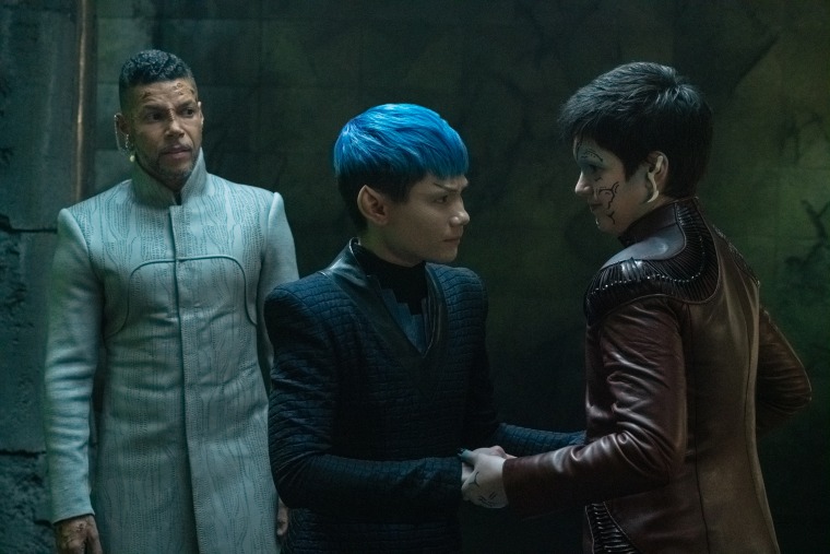 Wilson Cruz as Dr. Hugh Culber, Ian Alexander as Gray and Blu del Barrio as Adira in "Star Trek: Discovery."