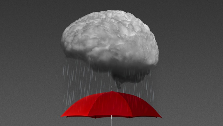 Ilustración de un cerebro en forma de nube con lluvia cayendo y debajo un paraguas rojo