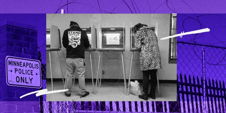 Photo illustration: Image of people voting over an image of a fenced and barricaded police precinct with a board that reads,"Minneapolis police only".