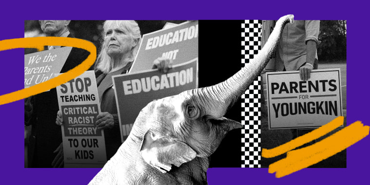 Photo illustration: Parents protesting with signs that read, "We the parents stand up!", "Stop teaching critical race theory to our kids", and "Education not Indoctrination"; an image of an elephant with it trunk up; a hand placing a yard sign that reads,"Parents for Youngkin".
