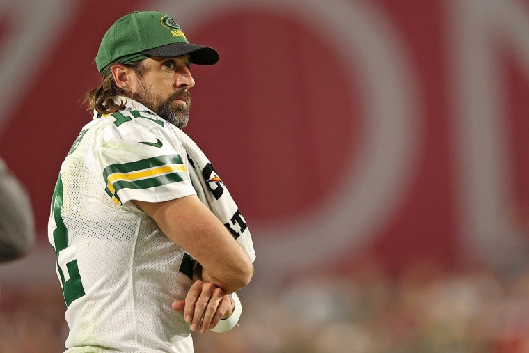 Green Bay Packers quarterback Aaron Rodgers watches action from the sideline on Oct. 28, 2021.