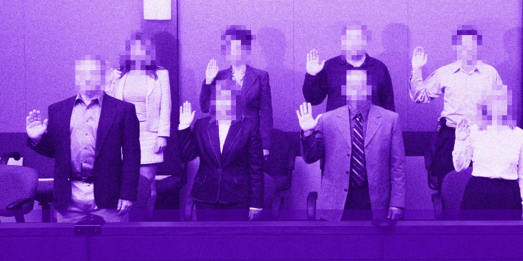 Photo illustration: An all-white jury with pixelated faces is sworn in.