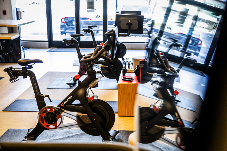 Peloton stationary bikes for sale at the company's showroom in Dedham, Mass., on Feb. 3,  2021.