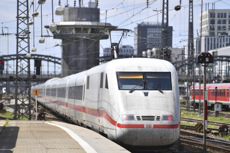 Incoming ICE train, Intercity Express in the main train station Muenchen, DB, Die Bahn, on July 29th, 2020.