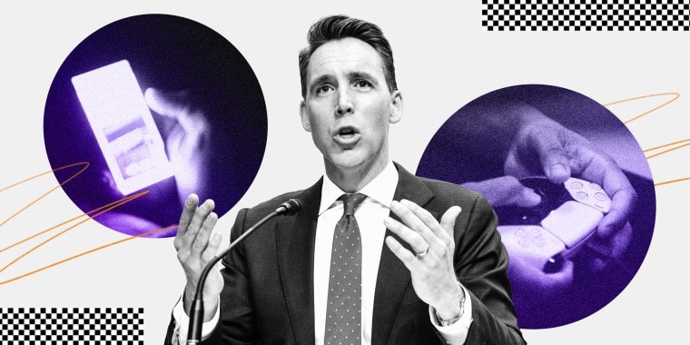 Photo Illustration: Sen. Josh Hawley superimposed over images of men holding a glowing phone screen and a video game controller
