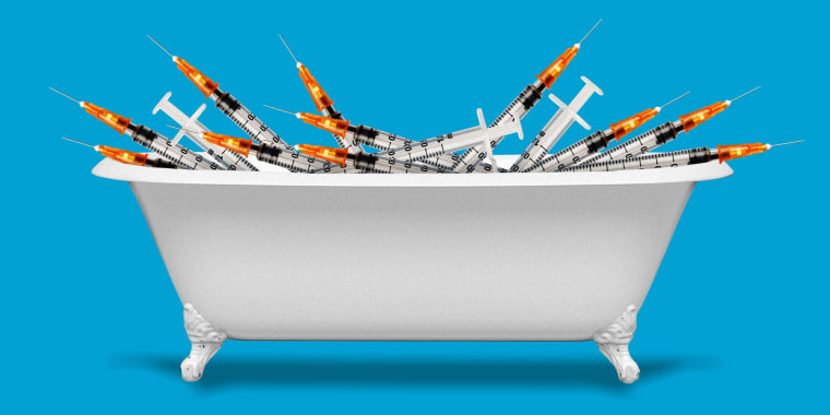 Illustration of giant syringe needles in a bathtub.