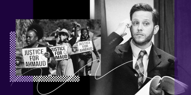 Photo Illustration: Former Glynn County Police Officer Ricky Minshew overlaid with a photo of protesters holding signs that read "Justice For Ahmaud"