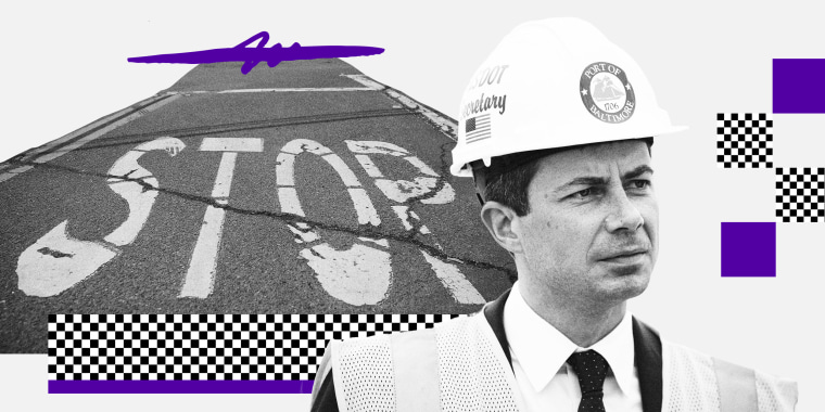 Photo Illustration: Pete Buttegieg, Secretary of Transportation, in front of a cracked asphalt road