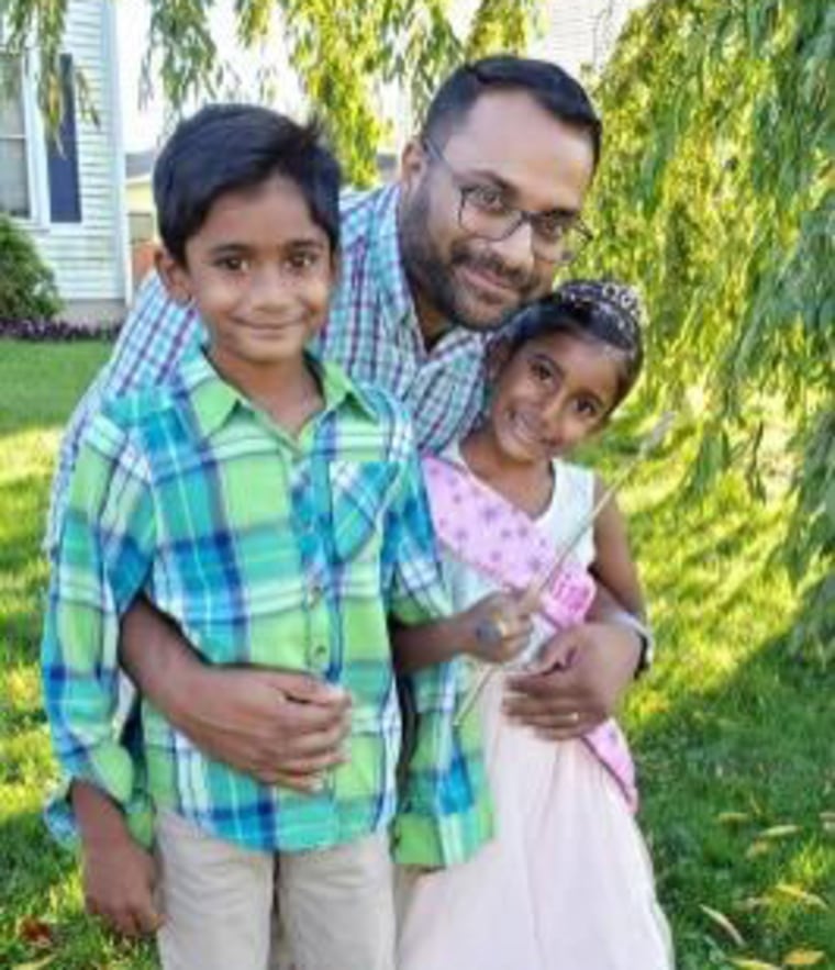 Krishna Mudumbi with his kids, Aaryan, 8, and Leela, 7. 