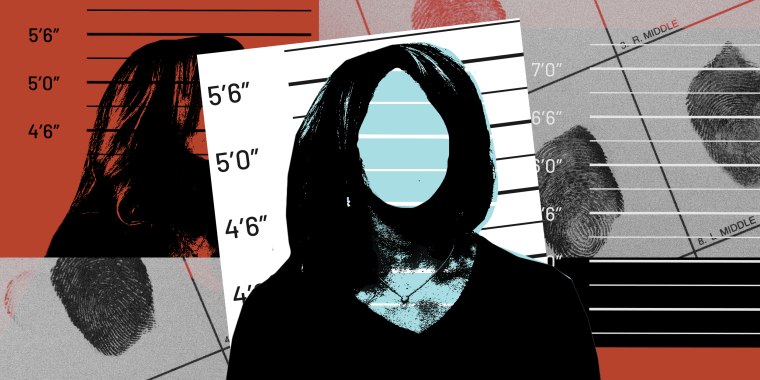 Photo illustration: A silhouette of a woman against overlapping height charts and fingerprints.