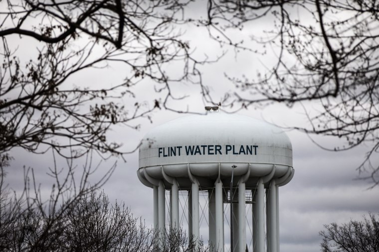 The Flint Water Plant tower stands in Flint, Mich., on April 13, 2020.
