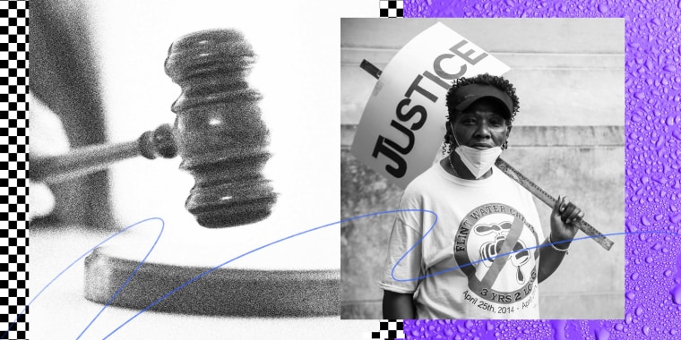 Photo Illustration: A woman from Flint, MI holds a sign reading "Justice" next to a photo of a gavel