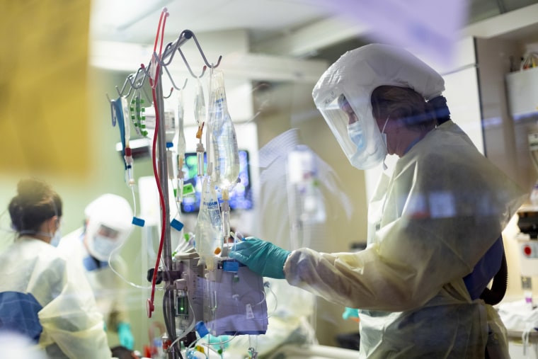 Doctors monitor Covid patients in the Medical Intensive care unit at St. Luke's Boise Medical Center in Boise, Idaho on August 31, 2021.