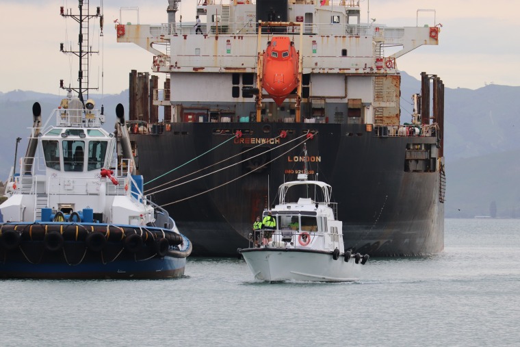 The Rere Moana, right, arrives into Eastland Port, New Zealand, on Nov. 2 with the rescued man on board.