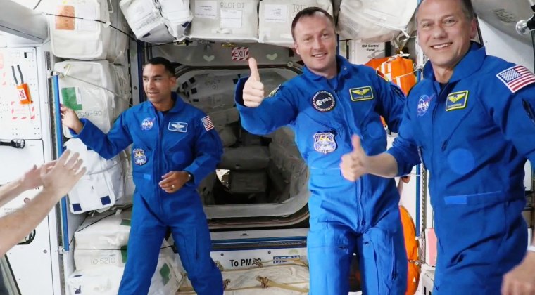ASA astronauts Tom Marshburn, right, and Raja Chari, left, after the Crew Dragon "Endurance" successfully docked with the International Space Station on Nov. 11, 2021.