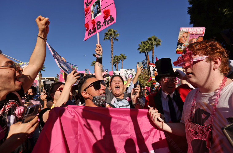 Supporters of Britney Spears celebrate outside the Stanley Mosk Courthouse on Nov. 12, 2021.