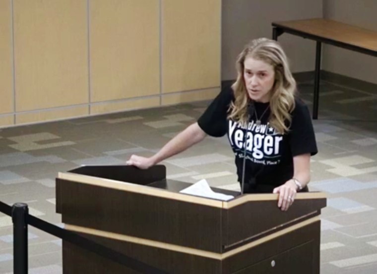 Tara Eddins speaks at the Carroll school board meeting in Southlake, Texas, on Sept. 27, 2021.