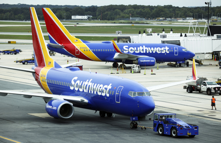 A Southwest Airlines airplane taxies from a gate at Baltimore Washington International Thurgood Marshall Airport on Oct. 11, 2021, in Baltimore.