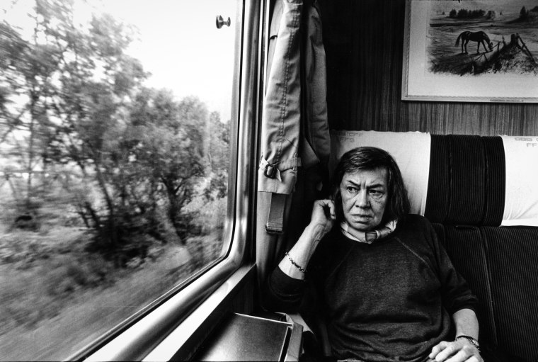 American crime novelist Patricia Highsmith on a train from Locarno to Zurich in Switzerland on Sept. 5, 1987.