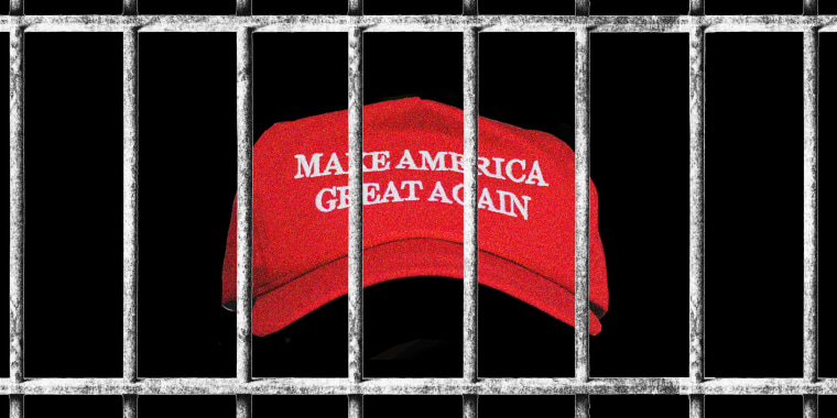 Photo Illustration: A red MAGA hat behind prison bars