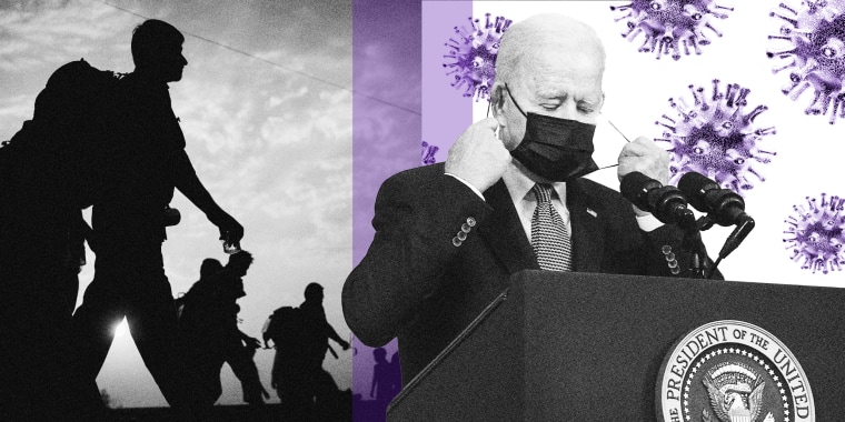 Photo Illustration: President Biden wears a mask, over images of asylum seekers at the border