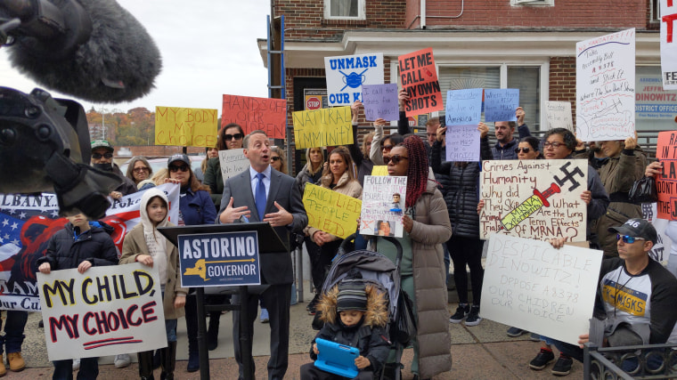 Protesters, led by gubernatorial candidate Rob Astorino, rally outside the office New York Assemblyman Jeffrey Dinowitz in the Bronx on Nov. 14, 2021.