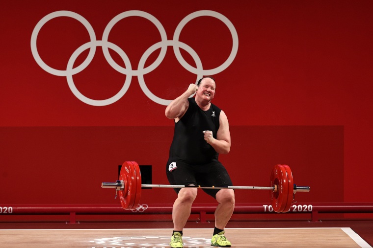 Image: Laurel Hubbard of Team New Zealand competes during the Weightlifting - Women's 87kg+ Group A on day ten of the Tokyo 2020 Olympic Games on Aug. 2, 2021.