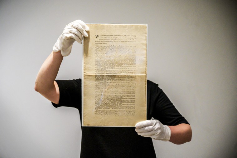 A page of the first printing of the United States Constitution at the offices of Sotheby's auction house in New York on Sept. 17, 2021.