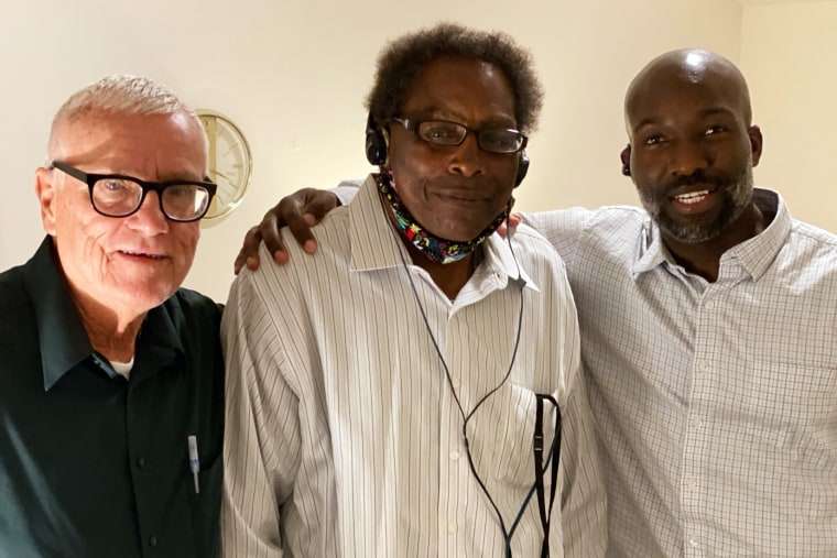 Henry Montgomery, center, with Lloyd Jarrow, reentry specialist at Louisiana Parole Project, right, and Montgomery's housemate Kenneth Womack through the nonprofit group that helps former inmates re-enter life outside prison. 