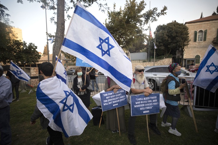 Israelis protest the possible reopening of the U.S. Consulate in front of the site of the former consulate in Jerusalem on Oct. 27.