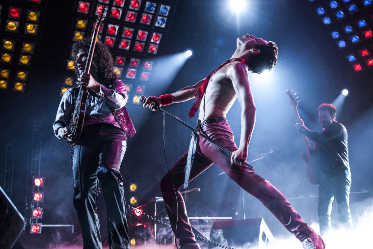 Gwilym Lee as Brian May, Rami Malek as Freddie Mercury, and Joe Mazzello as John Deacon in "Bohemian Rhapsody."