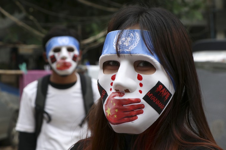 Demonstrators participate in an anti-coup mask strike in Yangon, Myanmar, on April 4, 2021.